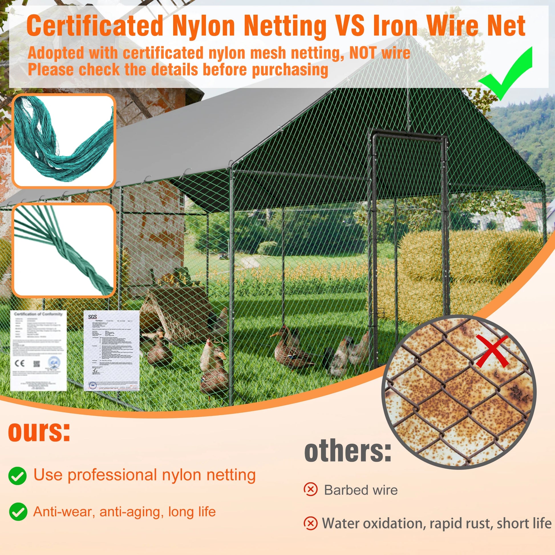 Large Outdoor Upgrade Metal Chicken Coop Walk-In Poultry Run Pen Cage Pet Duck Hen House with Nylon Netting and Cover for Yards