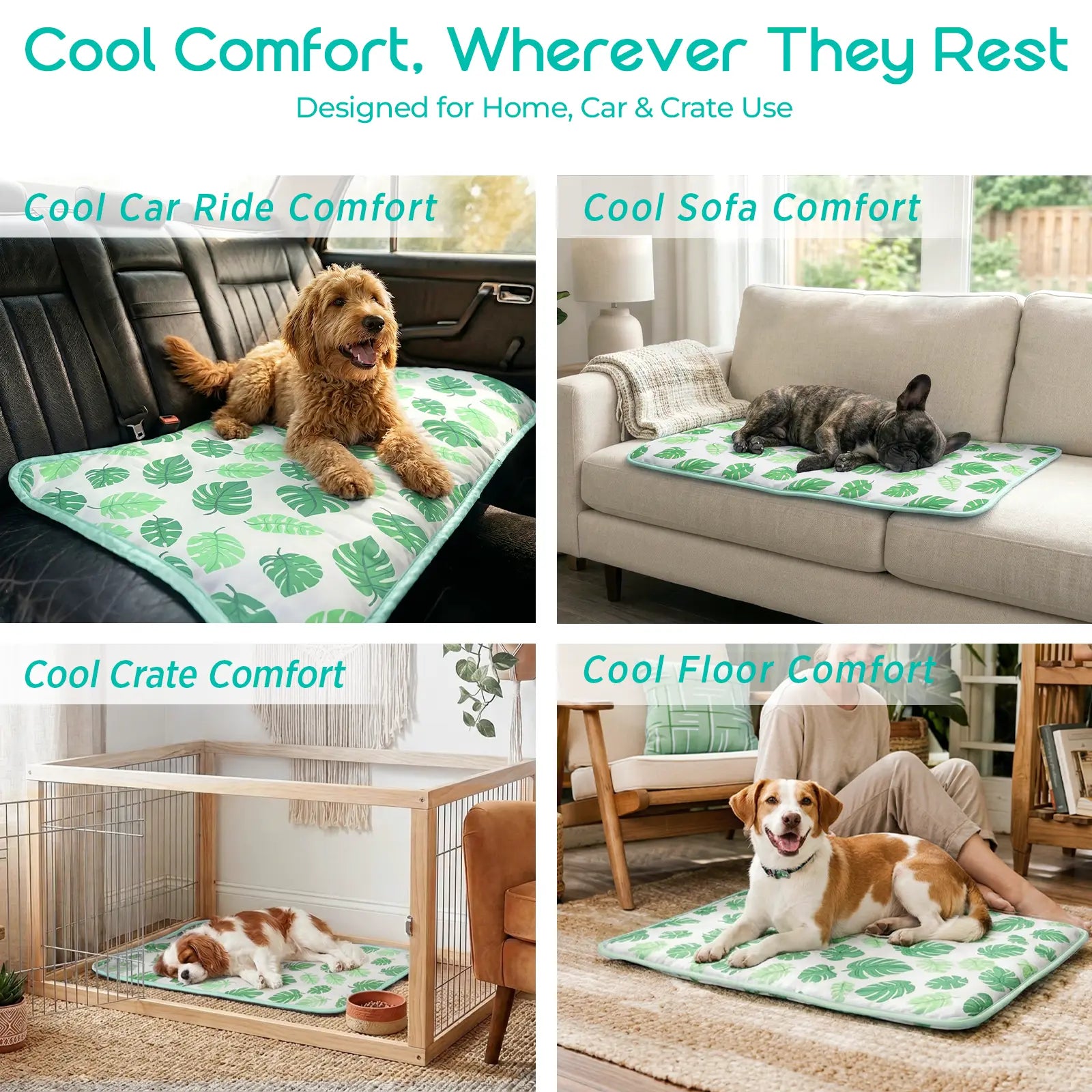 Dog Cooling Mat for Dogs & Cats, Soft Breathable Cooling Pad for Dog Bed, 23"X18" Self Cooling Crate Mat for Dogs, No Gel Washable Non-Slip Pet Cooling Mat Indoor Outdoor, Leaf