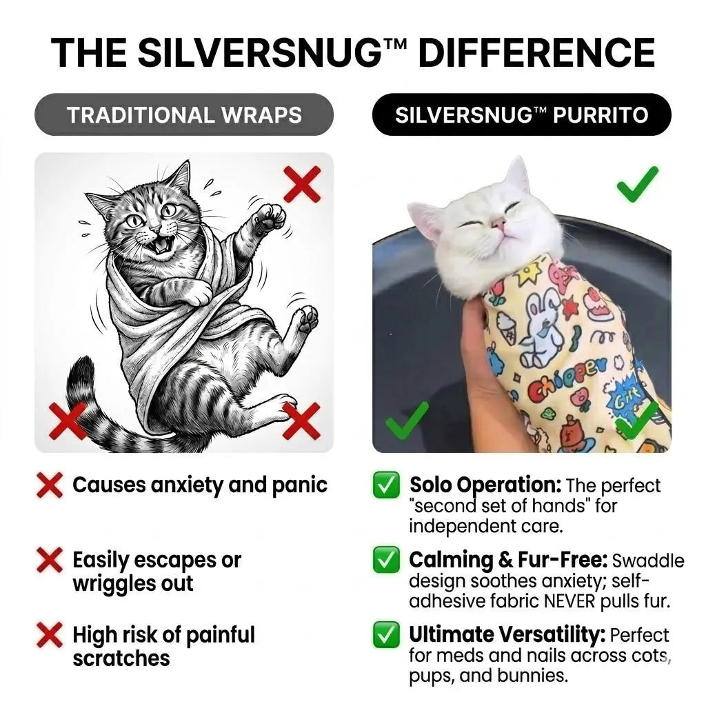 Silversnug Magic Purrito Wrap | Self-Adhesive Calming Pet Swaddle & Grooming Towel (Scratch-Proof & Fur-Free)