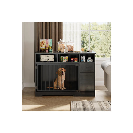 Dog Crate Furniture, Farmhouse Heavy Duty Dog Kennel with Bowl & Storage Drawers, Medium Dog Cage End Table for Small Medium Dogs, Black