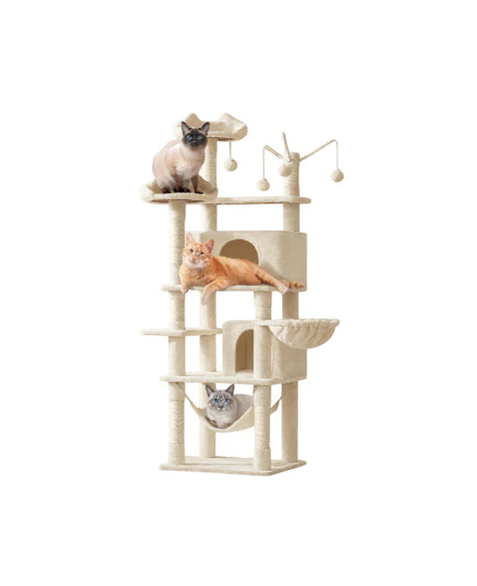 Cat Tree, 67In Large Tower W/ 3 Removable Teaser Sticks, 2 Kitten-Ear Shaped Perches, 2 Condos, Hammock, Scratching Post, Multi Level Pet House, Beige