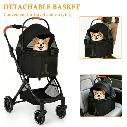 4-Wheels Pet Stroller for Dogs & Cats, Puppy Stroller, Detachable Basket, 66 Lbs Weight Capacity, Storage Basket and Pet Pad, Suitable for Small to Medium Sized Dogs, Convenient for Travel and Carrying #Summervibes