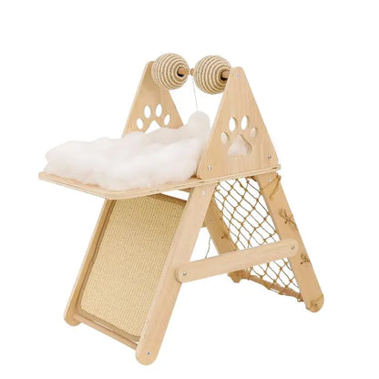 4-In-1 Wooden Cat Activity Center with Cozy Bed, Sisal Scratching Board, Vertical Scratcher, and Climbing Net, Sturdy Multi-Level Cat Scratcher for Indoor Cats, Space-Saving Interactive Cat Furniture for Play and Sleep