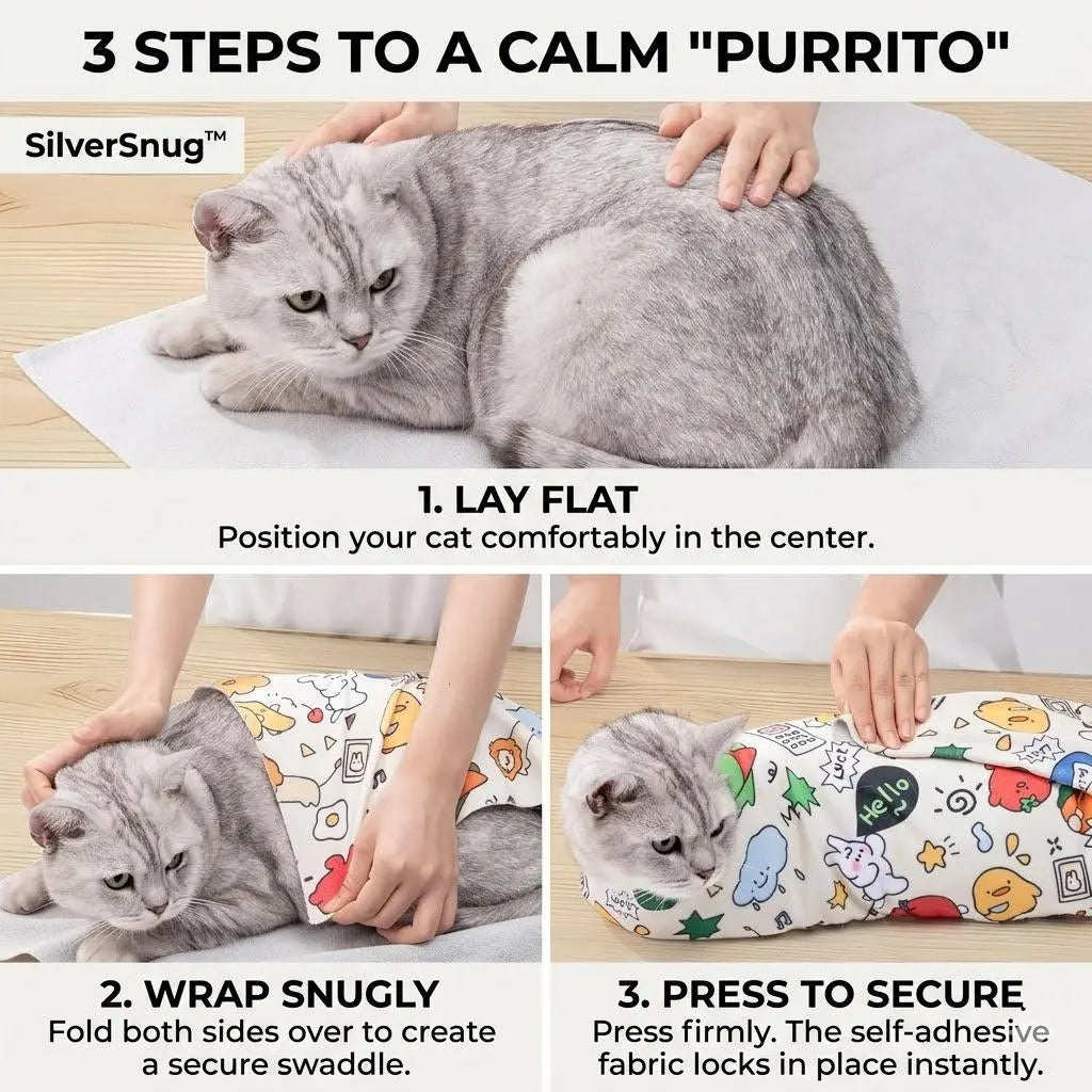 Silversnug Magic Purrito Wrap | Self-Adhesive Calming Pet Swaddle & Grooming Towel (Scratch-Proof & Fur-Free)