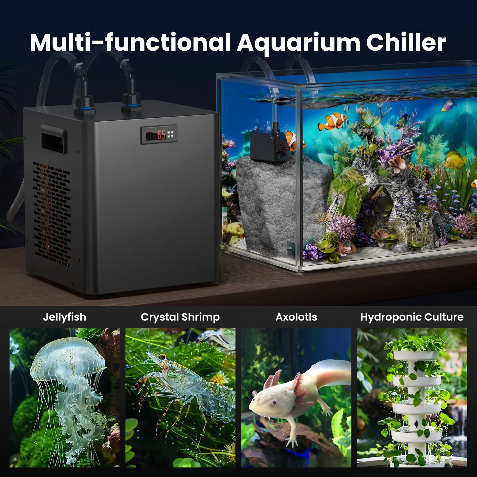 Brearo 1/3HP Aquarium Water Chiller for 75 Gal (300L) Fish Tanks, Quiet Compressor Refrigeration, Automatic Cooling for Hydroponic Systems, Axolotls, Jellyfish, Coral, Crystal Shrimp