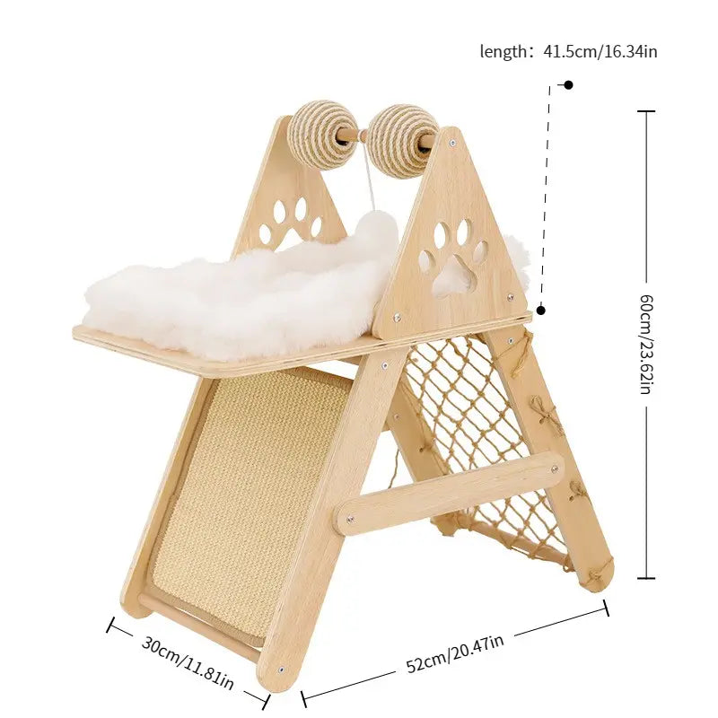 4-In-1 Wooden Cat Activity Center with Cozy Bed, Sisal Scratching Board, Vertical Scratcher, and Climbing Net, Sturdy Multi-Level Cat Scratcher for Indoor Cats, Space-Saving Interactive Cat Furniture for Play and Sleep