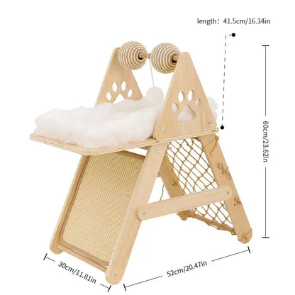 4-In-1 Wooden Cat Activity Center with Cozy Bed, Sisal Scratching Board, Vertical Scratcher, and Climbing Net, Sturdy Multi-Level Cat Scratcher for Indoor Cats, Space-Saving Interactive Cat Furniture for Play and Sleep