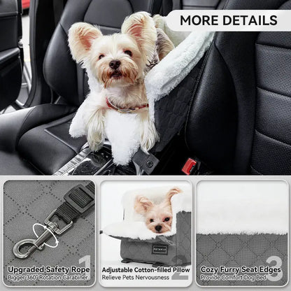 PETSFIT Center Console Dog Car Seat with Safe Protection Hooks, Pet Car Seat with Upgraded Safety Tethers, Washable Cushion, Console Dog Car Seats for Small Dogs up to 10 Lbs (Grey)
