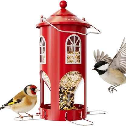 Birdream Metal Bird Feeder for Outdoors Hanging, Small Lighthouse Bird Feeder with Clear Seed Tube, Folding Stainless Steel Perches, for Small Wild Birds Finches Chickadees, Red