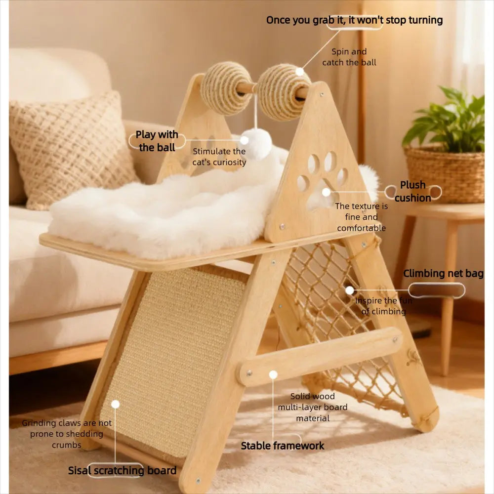 4-In-1 Wooden Cat Activity Center with Cozy Bed, Sisal Scratching Board, Vertical Scratcher, and Climbing Net, Sturdy Multi-Level Cat Scratcher for Indoor Cats, Space-Saving Interactive Cat Furniture for Play and Sleep