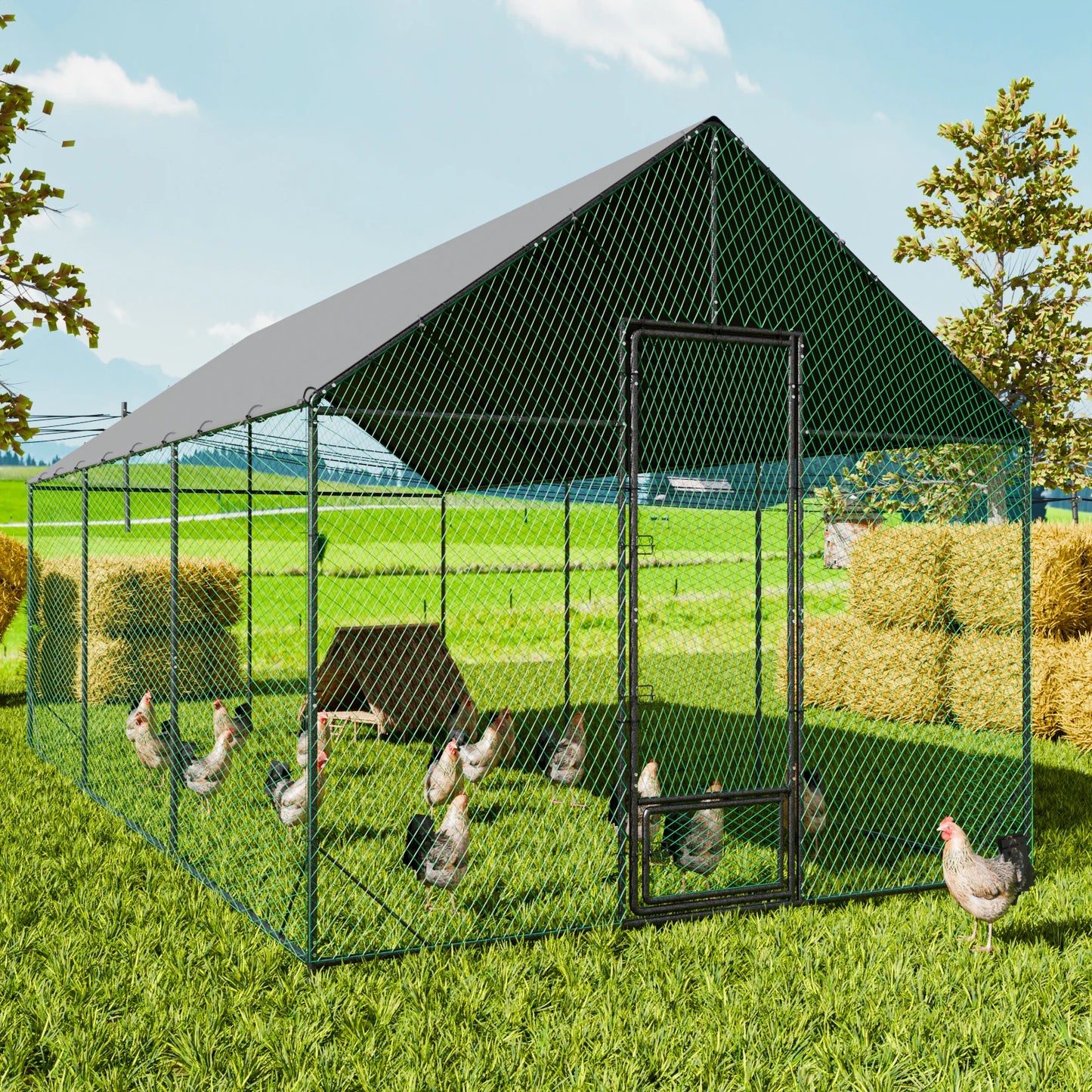 Large Outdoor Upgrade Metal Chicken Coop Walk-In Poultry Run Pen Cage Pet Duck Hen House with Nylon Netting and Cover for Yards