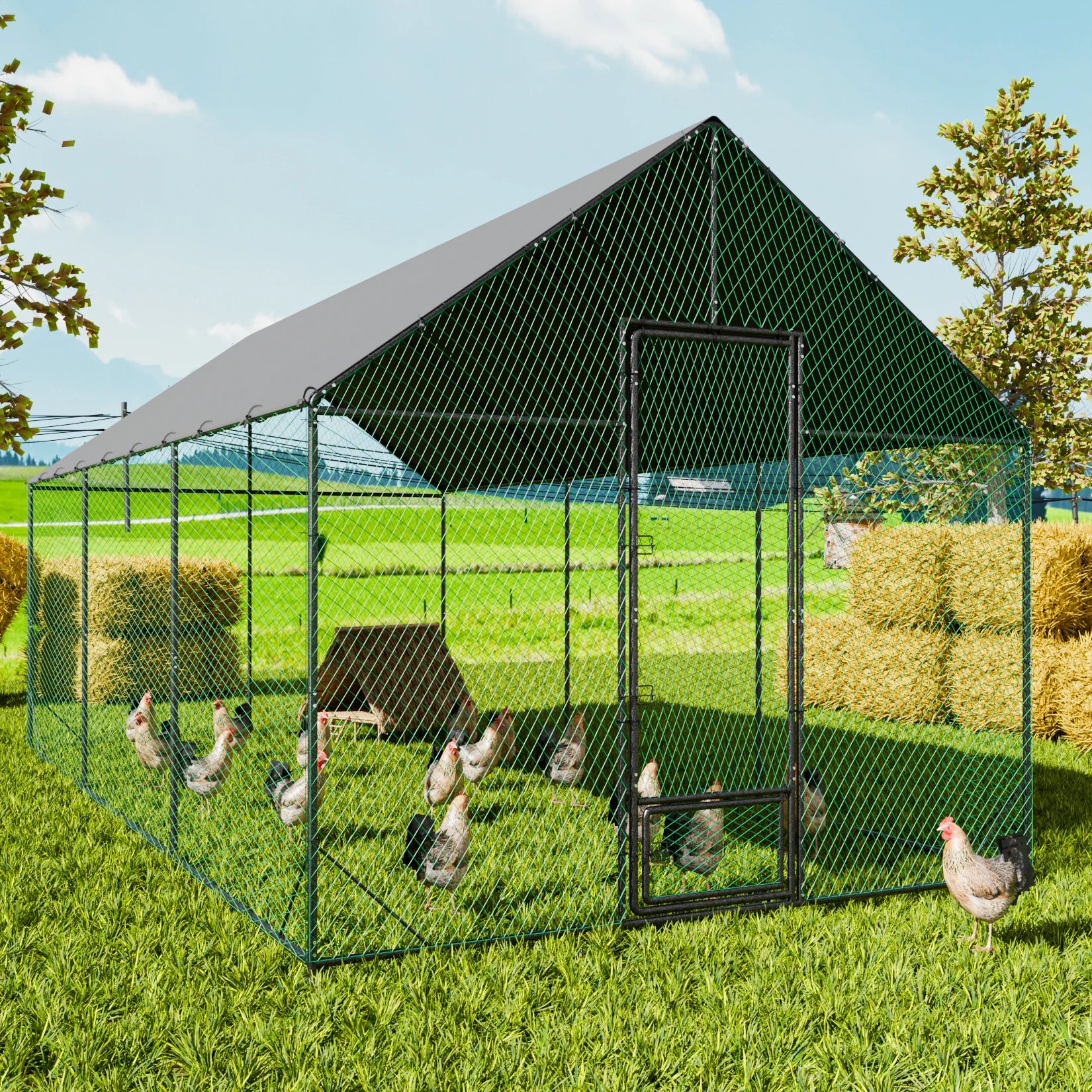 Large Outdoor Upgrade Metal Chicken Coop Walk-In Poultry Run Pen Cage Pet Duck Hen House with Nylon Netting and Cover for Yards