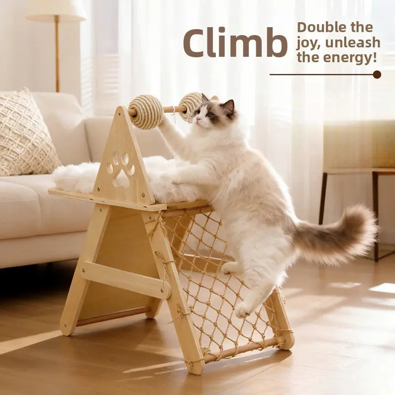 4-In-1 Wooden Cat Activity Center with Cozy Bed, Sisal Scratching Board, Vertical Scratcher, and Climbing Net, Sturdy Multi-Level Cat Scratcher for Indoor Cats, Space-Saving Interactive Cat Furniture for Play and Sleep