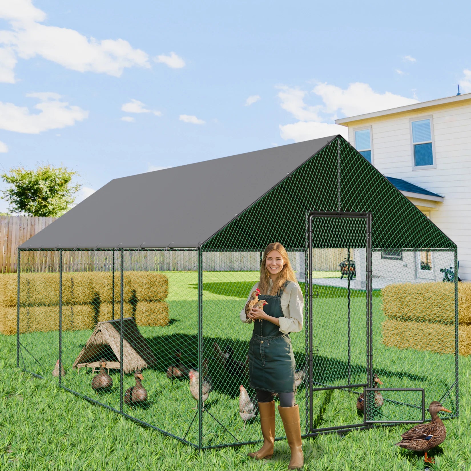 Large Outdoor Upgrade Metal Chicken Coop Walk-In Poultry Run Pen Cage Pet Duck Hen House with Nylon Netting and Cover for Yards