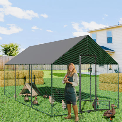 Large Outdoor Upgrade Metal Chicken Coop Walk-In Poultry Run Pen Cage Pet Duck Hen House with Nylon Netting and Cover for Yards