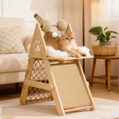 4-In-1 Wooden Cat Activity Center with Cozy Bed, Sisal Scratching Board, Vertical Scratcher, and Climbing Net, Sturdy Multi-Level Cat Scratcher for Indoor Cats, Space-Saving Interactive Cat Furniture for Play and Sleep