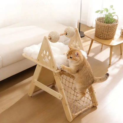 4-In-1 Wooden Cat Activity Center with Cozy Bed, Sisal Scratching Board, Vertical Scratcher, and Climbing Net, Sturdy Multi-Level Cat Scratcher for Indoor Cats, Space-Saving Interactive Cat Furniture for Play and Sleep