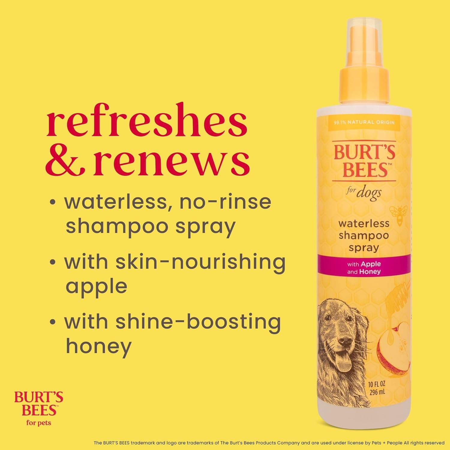 Burts Bees for Pets Waterless Shampoo Spray, with Apple & Honey, 10 Fl Oz | No-Rinse Waterless Formula, Ph Balanced, Ideal for Quick Touch-Ups between Full Baths, No Sulfates Parabens or Phthalates