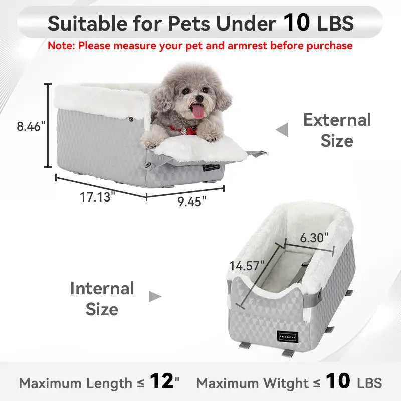 PETSFIT Center Console Dog Car Seat with Safe Protection Hooks, Pet Car Seat with Upgraded Safety Tethers, Washable Cushion, Console Dog Car Seats for Small Dogs up to 10 Lbs (Grey)