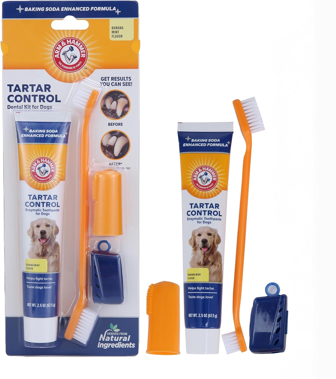 Tartar Control Dog Dental Kit, Banana Mint, 3-Piece | Enzymatic Toothpaste with Toothbrush and Fingerbrush, Baking Soda Formula Safe for Puppies