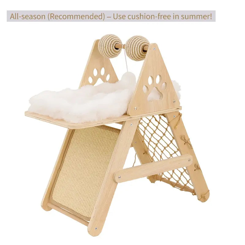 4-In-1 Wooden Cat Activity Center with Cozy Bed, Sisal Scratching Board, Vertical Scratcher, and Climbing Net, Sturdy Multi-Level Cat Scratcher for Indoor Cats, Space-Saving Interactive Cat Furniture for Play and Sleep