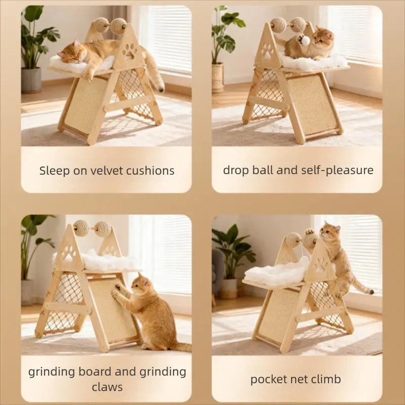4-In-1 Wooden Cat Activity Center with Cozy Bed, Sisal Scratching Board, Vertical Scratcher, and Climbing Net, Sturdy Multi-Level Cat Scratcher for Indoor Cats, Space-Saving Interactive Cat Furniture for Play and Sleep