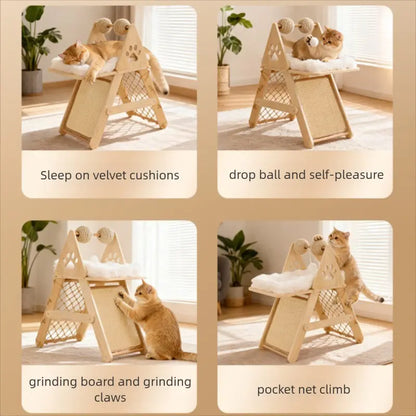4-In-1 Wooden Cat Activity Center with Cozy Bed, Sisal Scratching Board, Vertical Scratcher, and Climbing Net, Sturdy Multi-Level Cat Scratcher for Indoor Cats, Space-Saving Interactive Cat Furniture for Play and Sleep