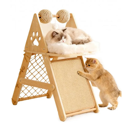 4-In-1 Wooden Cat Activity Center with Cozy Bed, Sisal Scratching Board, Vertical Scratcher, and Climbing Net, Sturdy Multi-Level Cat Scratcher for Indoor Cats, Space-Saving Interactive Cat Furniture for Play and Sleep