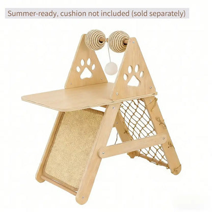 4-In-1 Wooden Cat Activity Center with Cozy Bed, Sisal Scratching Board, Vertical Scratcher, and Climbing Net, Sturdy Multi-Level Cat Scratcher for Indoor Cats, Space-Saving Interactive Cat Furniture for Play and Sleep